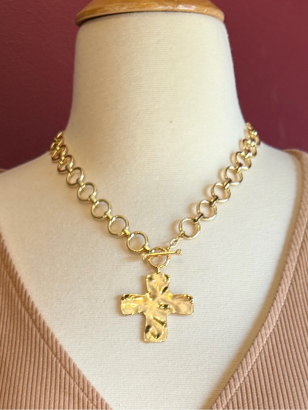 Gold Hammered Cross Toggle Necklace - Women's Statement Pendant
